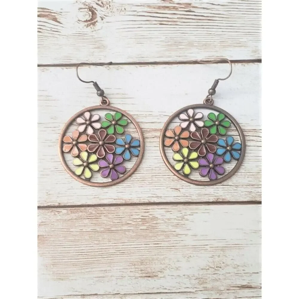 Beautiful Large Multi Color Flower Circle Earrings Statement - Brand New - Picture 1 of 4